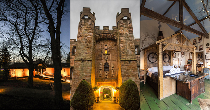 Ramside treehouses, Lumley Castle Hotel and themed room at South Causey Inn. 